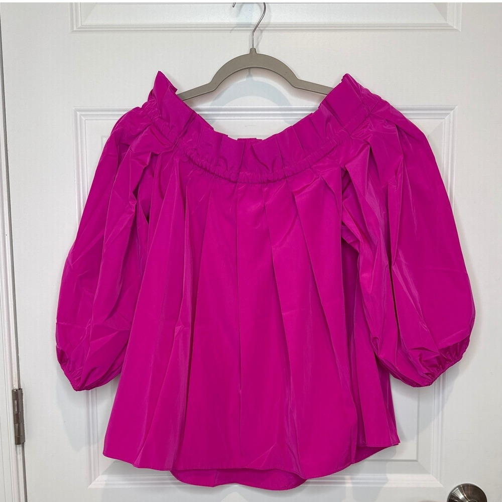 Trina Turk Krisha Top Fuchsia Pink Off Shoulder Puff Sleeve Pleated 2308122TF1 - Picture 2 of 4
